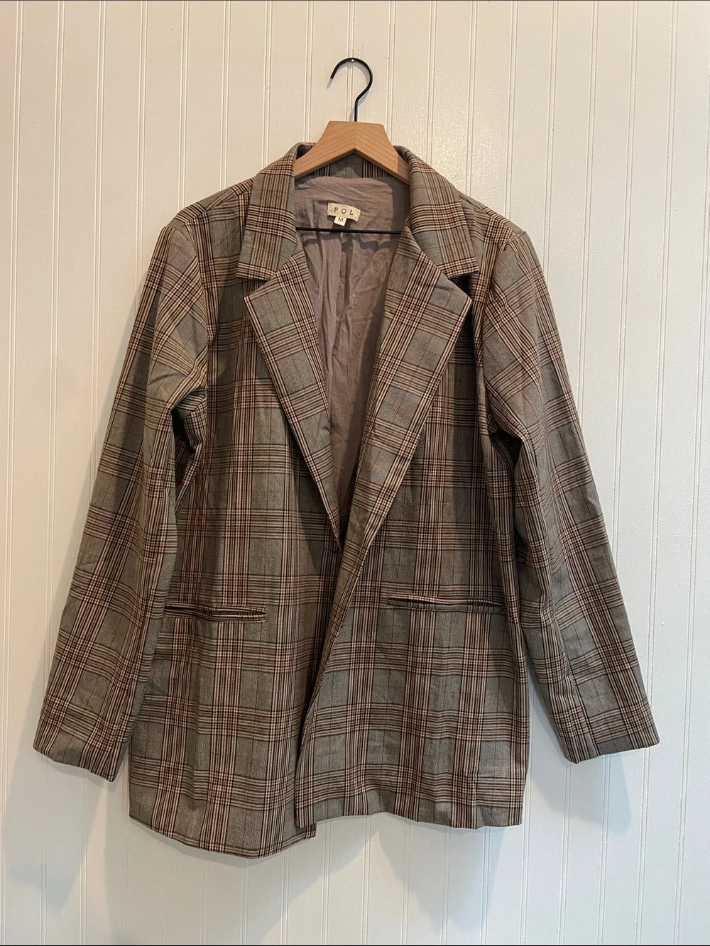 POL Oversized Single Breasted Button Plaid Boyfriend Blazer Relaxed Size M